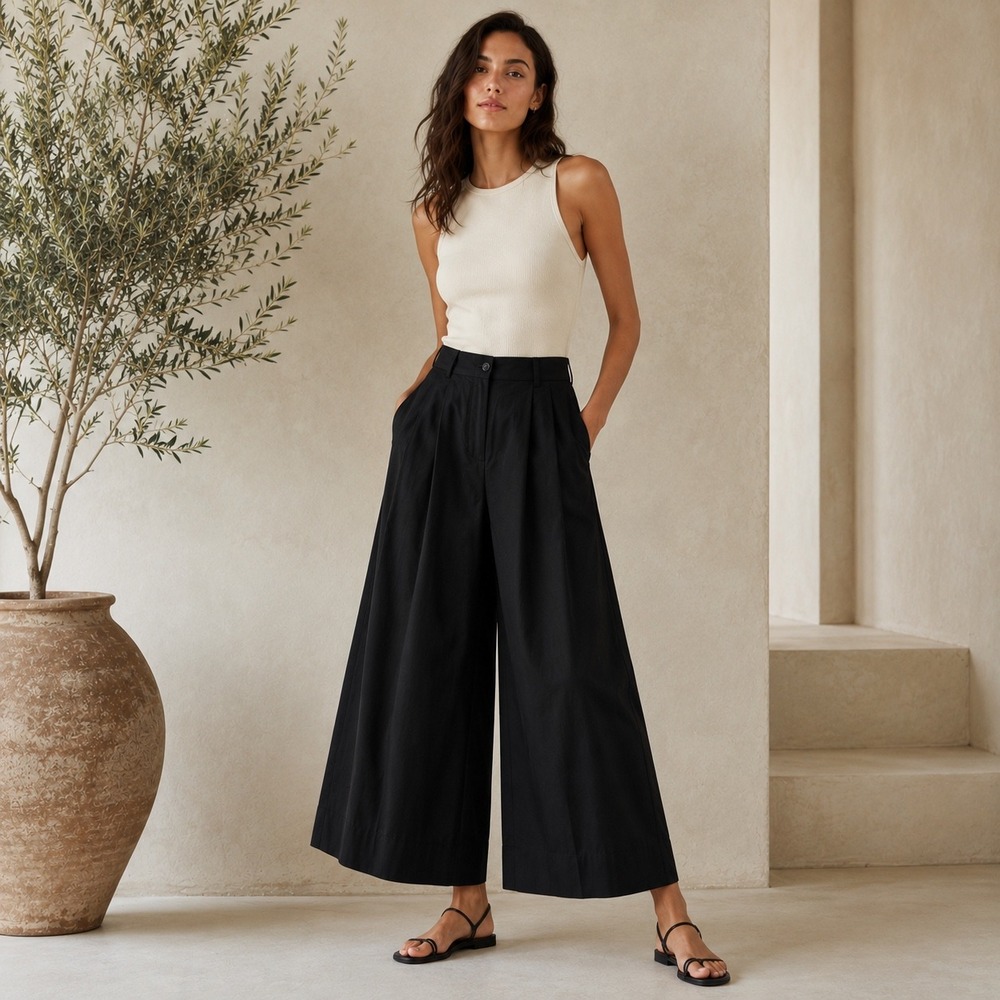 Merlette Wide Leg Culottes Womens 10 Black Cotton Pleated Quiet Luxury Pants